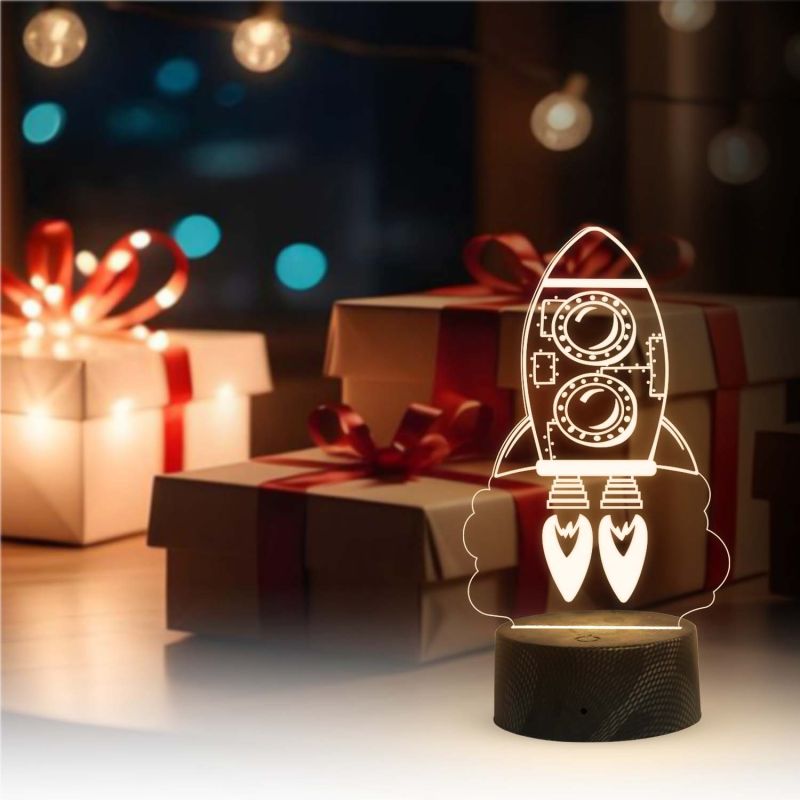 3D Illusion Rocket Night Lamp with Warm White Light Kids Room, Home Decor Birthday Gift for Kids